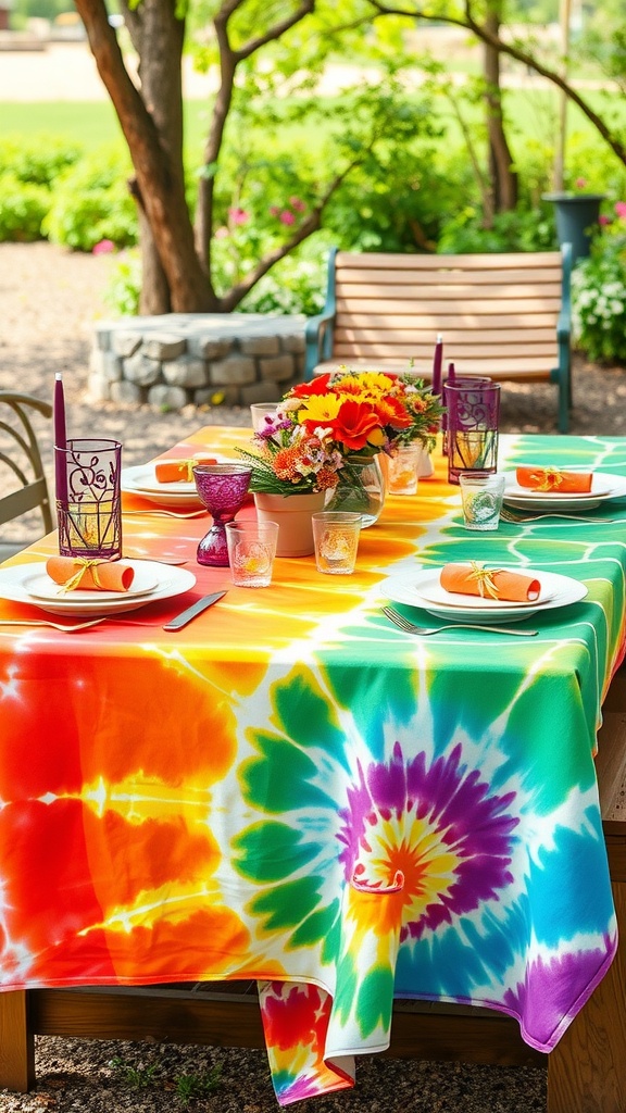 Colorful tie-dye tablecloth on an outdoor table set for a spring gathering.