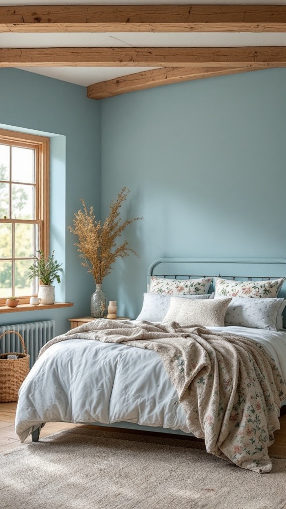 A cozy farmhouse bedroom featuring dusty blue walls with a wooden bed, soft blankets, and natural decor.