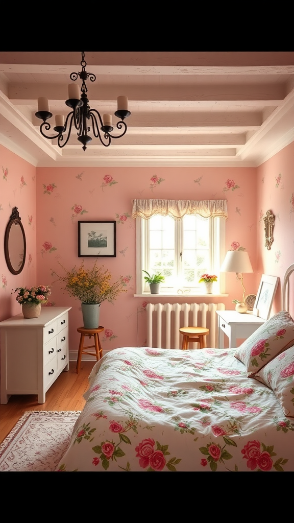 A cozy farmhouse bedroom painted in dusty rose with floral accents.