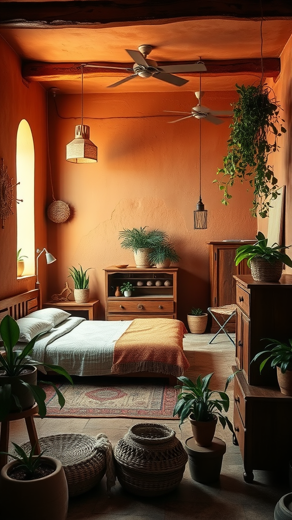 A cozy bedroom featuring earthy terracotta walls, wooden furniture, and indoor plants.