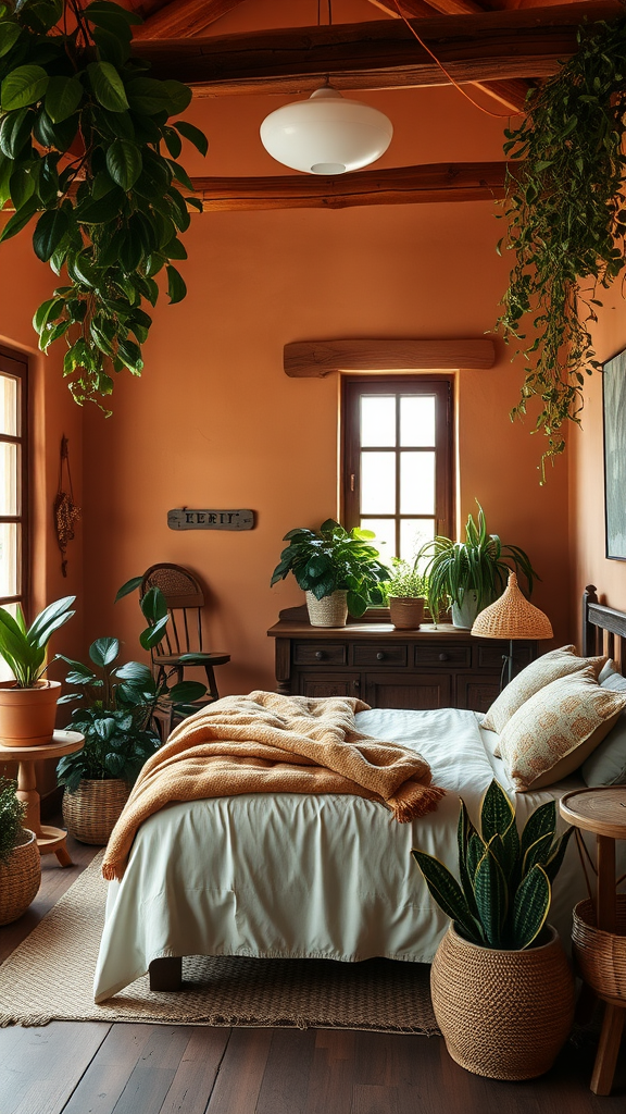 Farmhouse bedroom painted in earthy terracotta with plants and cozy decor.