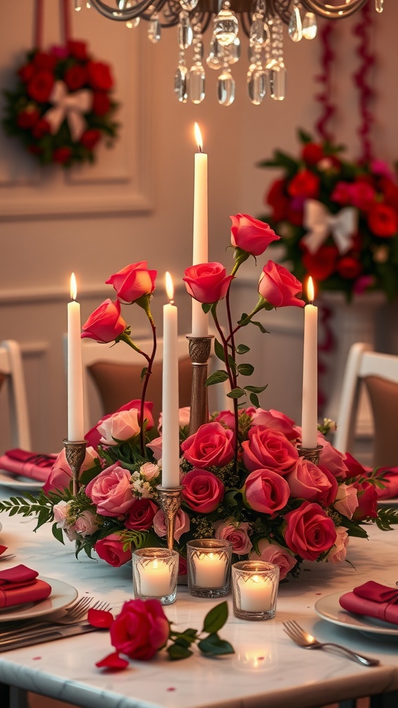 A romantic dining table centerpiece featuring pink roses, white candles, and decorative elements.