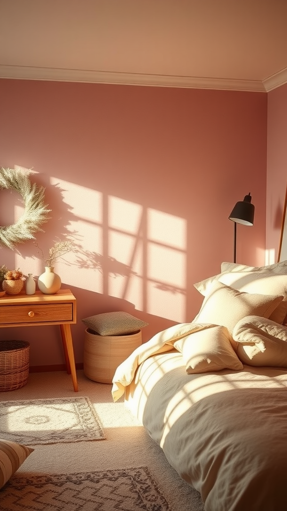 A cozy bedroom featuring dusty rose walls, soft bedding, and warm lighting.