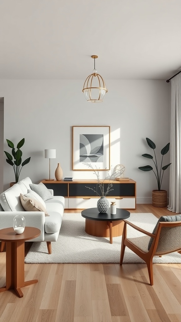 A cozy and minimalist living room featuring a light sofa, wooden furniture, and plants.