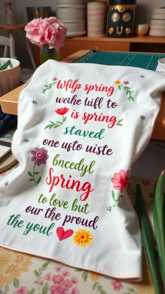 An embroidered cloth featuring cheerful spring-themed quotes and colorful flowers.