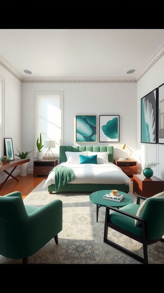 A modern bedroom featuring emerald green accents with furniture and decor.