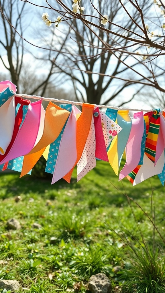 Colorful fabric scrap bunting hanging outdoors in spring