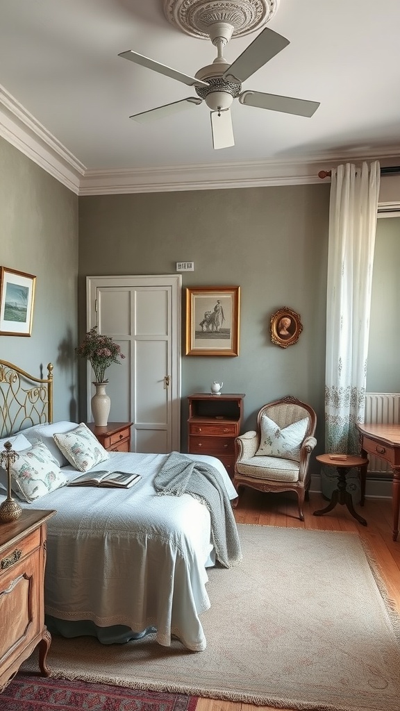 A beautifully decorated vintage bedroom featuring faded olive walls, a cozy bed, and classic furniture.