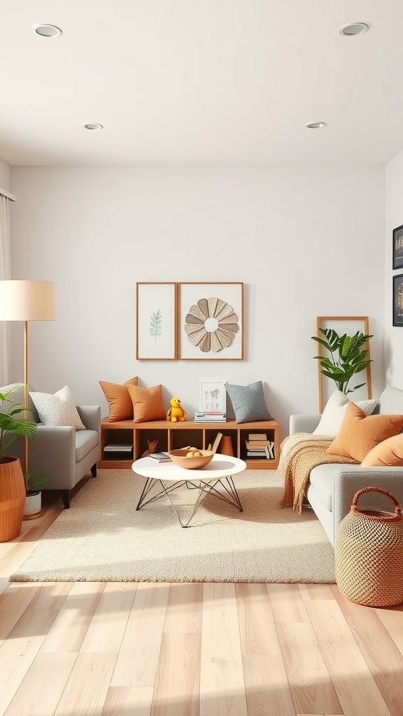 Cozy family-friendly living room with soft furniture and warm colors.