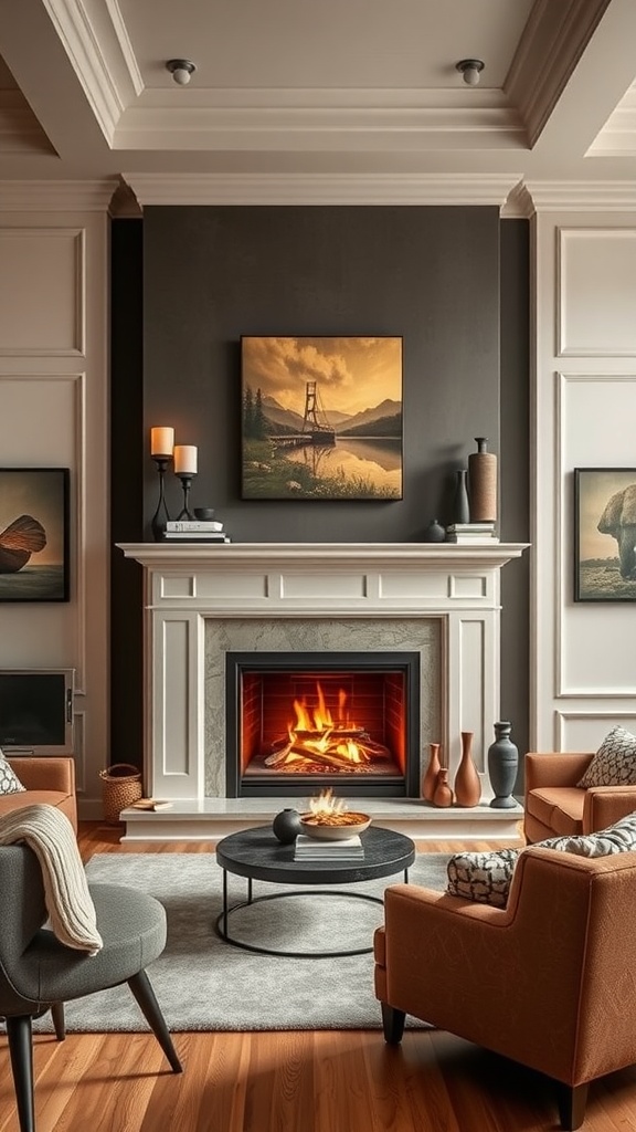 A cozy living room featuring a fireplace as the centerpiece, surrounded by comfortable seating.