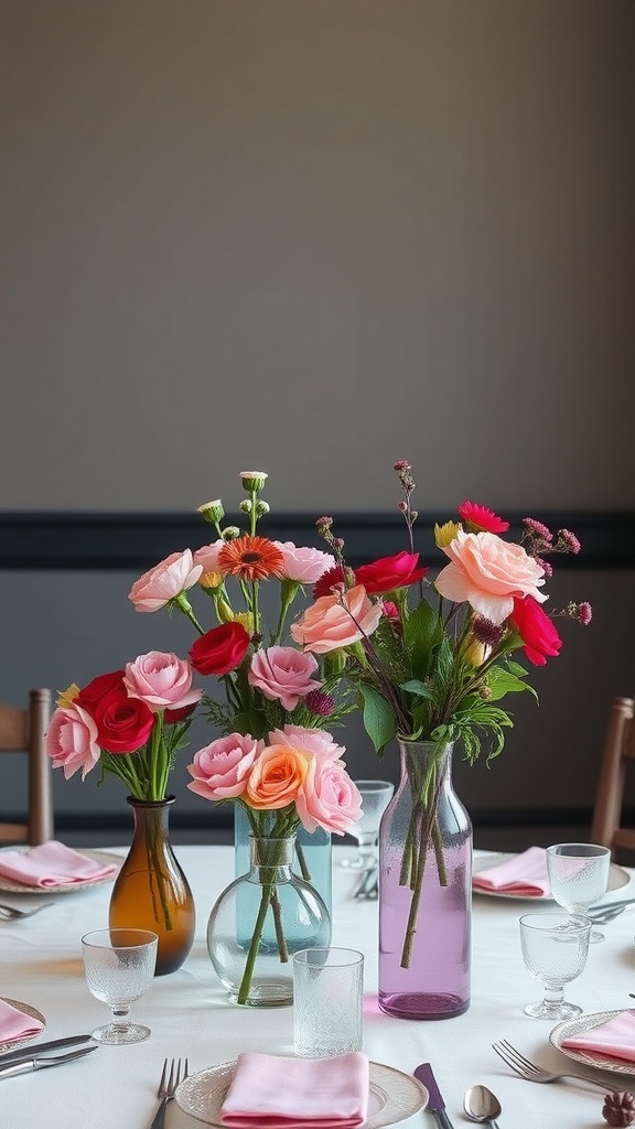 A table set with colorful floral centerpieces in various vases, creating a lively and cheerful atmosphere.