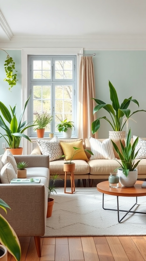 Living room with various potted plants and decorative pillows.