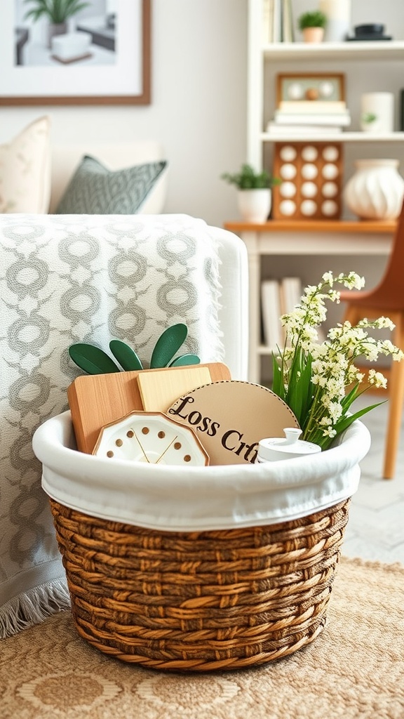 Stylish storage solution with a woven basket holding decorative items and plants