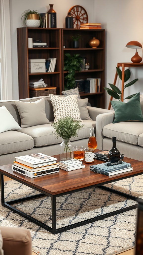 A stylish coffee table with books and decor in a cozy living room setting.