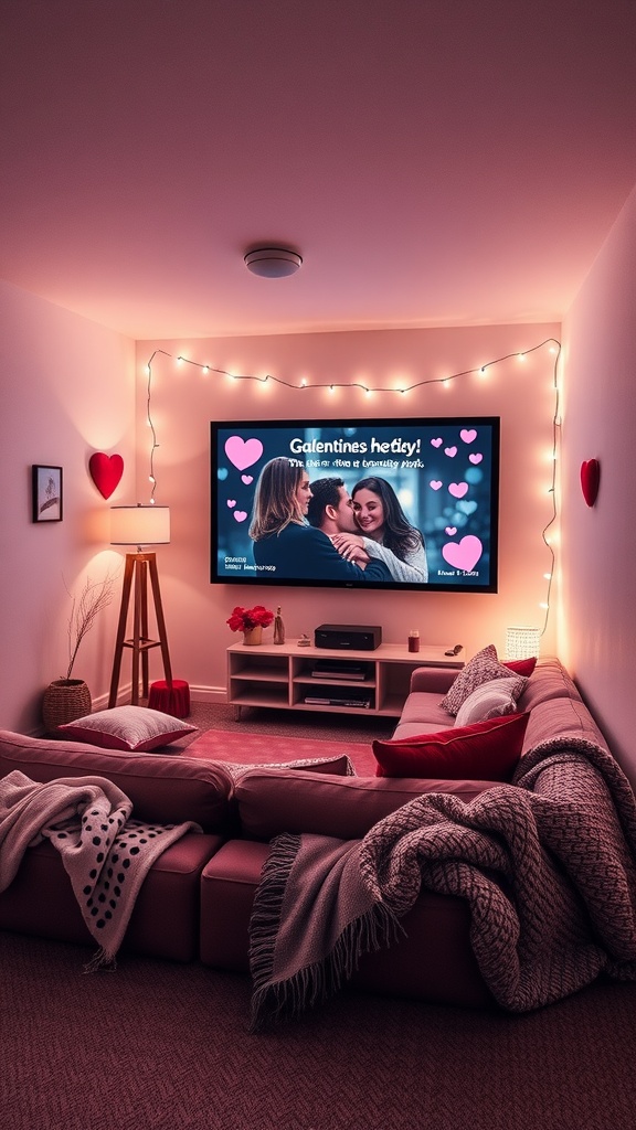 Cozy movie night setup with soft lighting and comfortable seating for a Galentine's party.