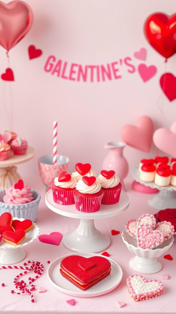 A beautifully arranged dessert table featuring pink cupcakes, heart-shaped candies, and a festive banner for Galentine's Day.