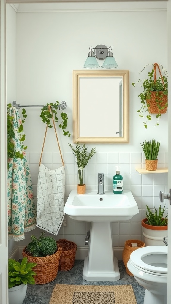 A cozy bathroom with potted plants, a floral shower curtain, and natural light.