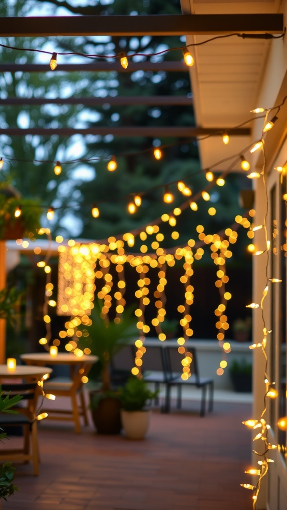 Warm string lights creating a cozy atmosphere in an outdoor setting.