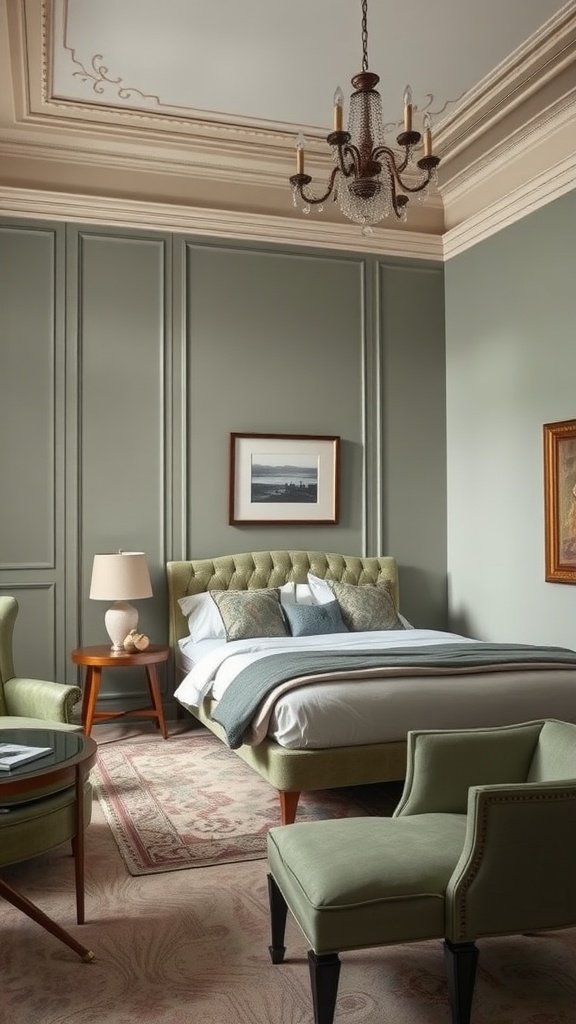 A sophisticated bedroom featuring greenish-gray walls, a tufted bed, and elegant decor.