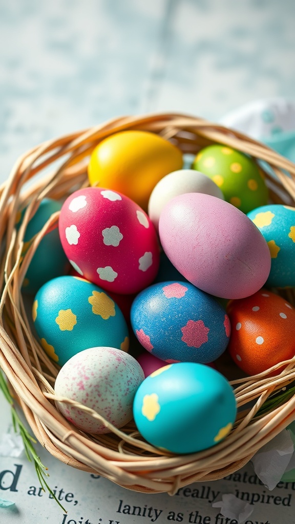 A basket filled with colorful hand-painted Easter eggs.