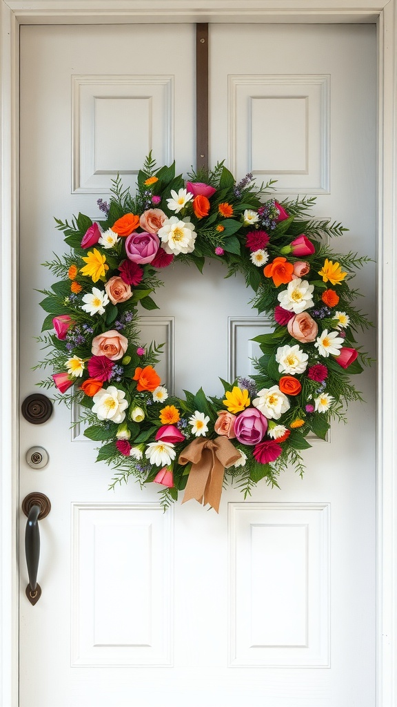 A colorful spring wreath made of flowers and greenery, hung on a white door.