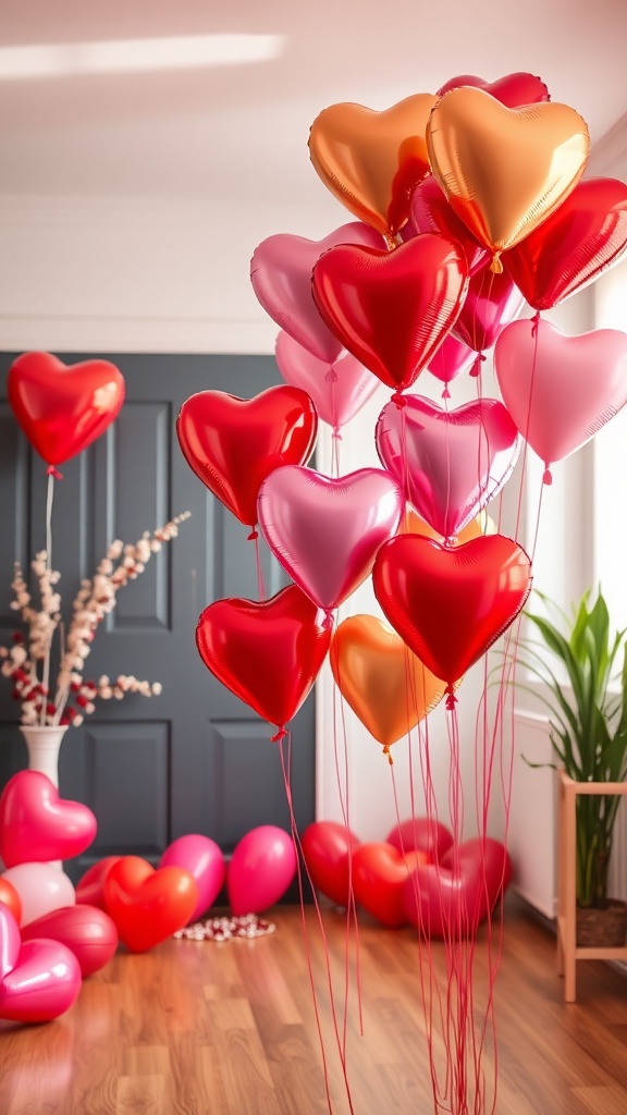 A bunch of heart-shaped balloons in various colors including red, pink, and gold, with some scattered on the floor.