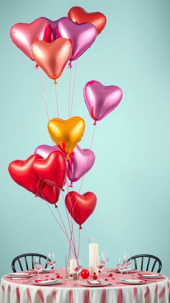 A table decorated for a Galentine's party featuring heart-shaped balloons in various colors.