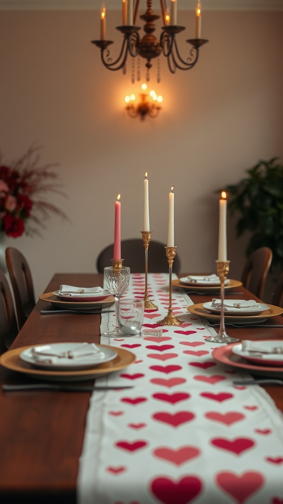 A beautifully set dining table with a heart-themed table runner, candles, and elegant tableware.