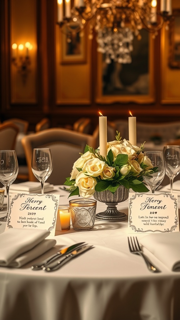 A beautifully set table with elegant table cards, a flower arrangement, and candles.