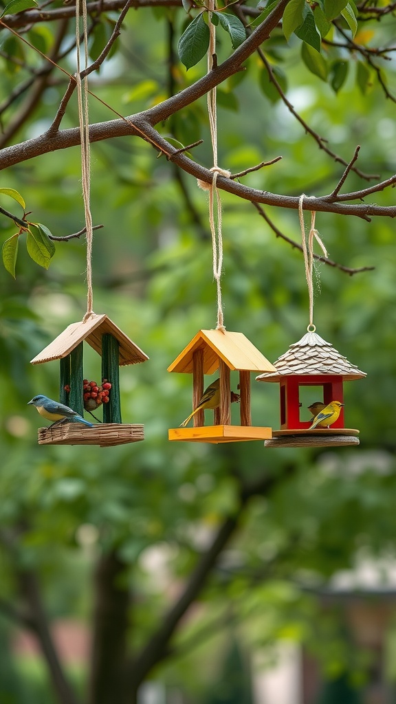 Colorful homemade bird feeders hanging from a tree branch