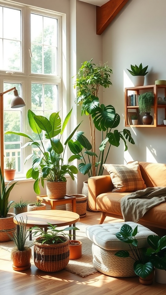 Cozy living room with plants and natural decor