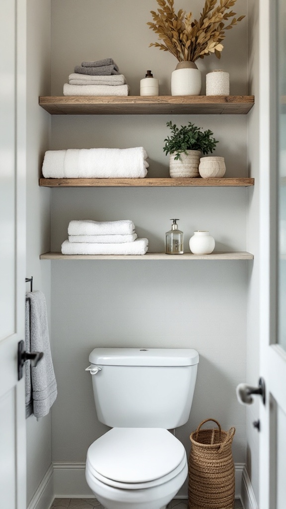 Small bathroom with open shelving displaying towels and decorative items.