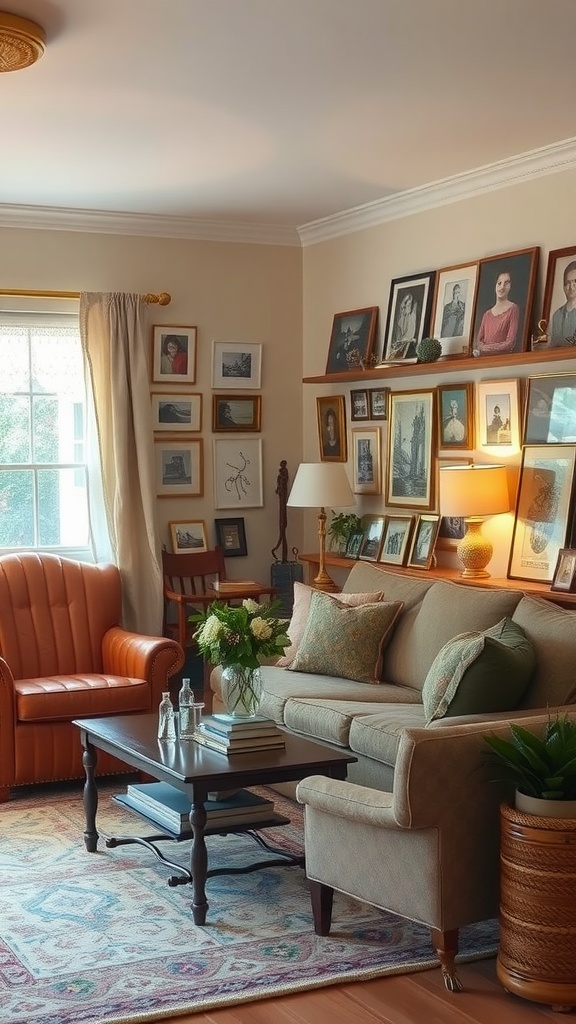 Cozy living room with personal keepsakes on the walls and table.