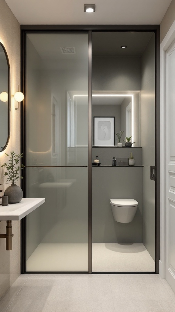 A small bathroom featuring sliding doors, a modern sink, and minimal decor.