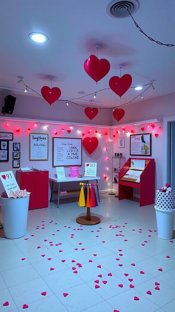 Decorated room for a Galentine's party with heart balloons and activities area.