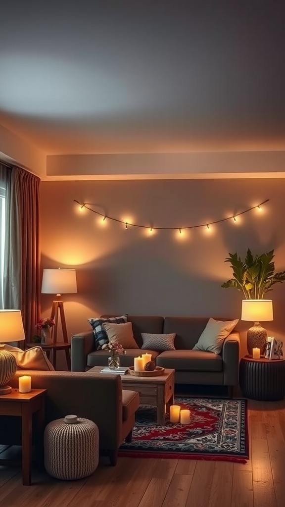 A cozy living room with layered lighting, featuring lamps, candles, and string lights.