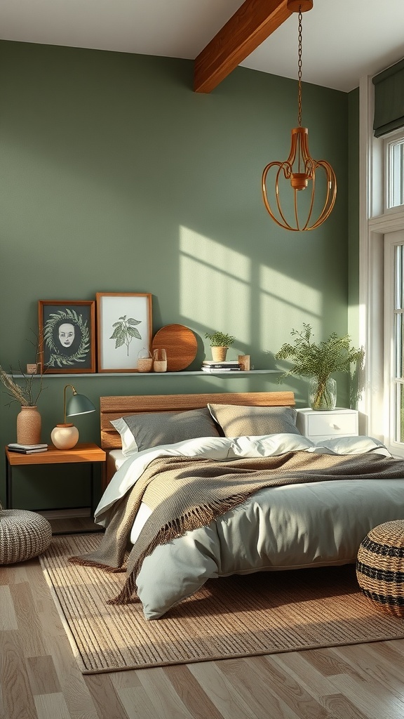 A cozy bedroom featuring lichen green walls, wooden accents, and warm textiles.