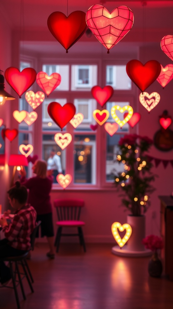 Colorful heart-shaped light decorations hanging from the ceiling.