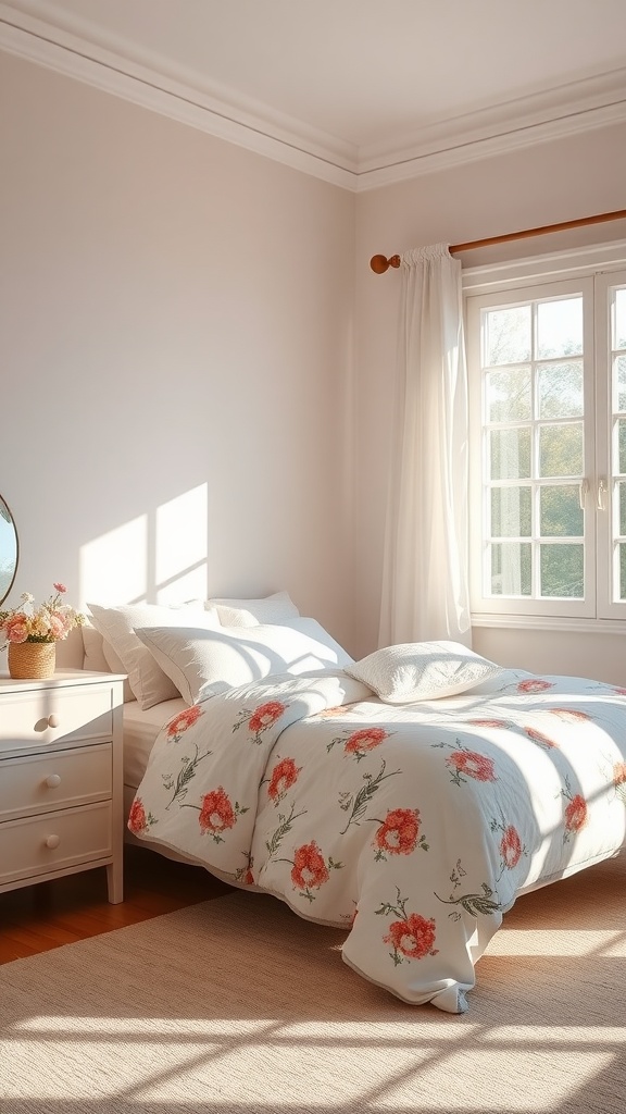 A bright bedroom featuring a floral quilt on the bed and sheer curtains by the window.