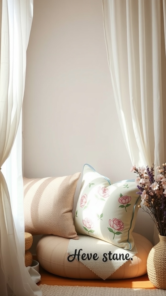 Cozy corner with soft pillows and light curtains, perfect for spring decorating.