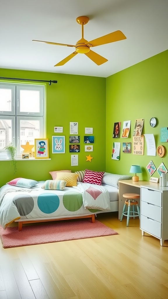 A bright bedroom with lime green walls, colorful bedding, and playful decor.