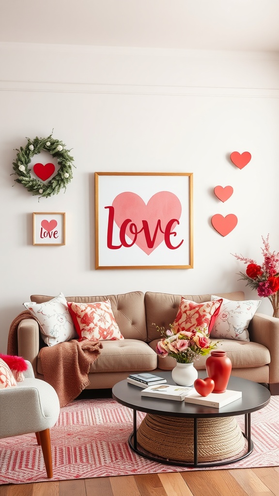 A cozy living room decorated with love-themed wall art, featuring heart shapes and a large 'Love' sign.