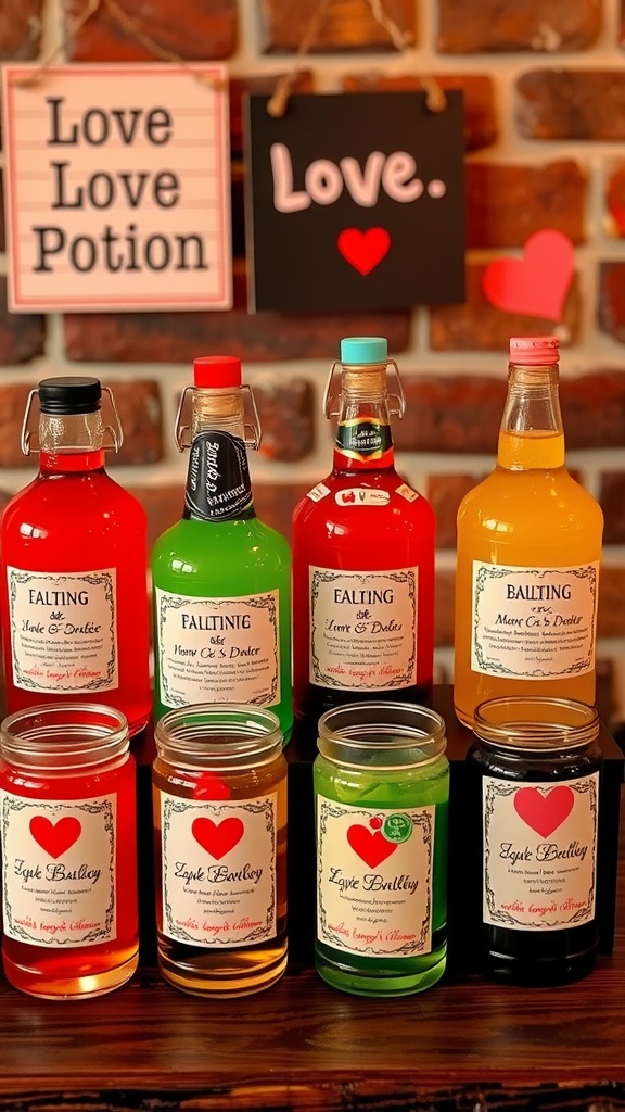 A colorful drink station for Valentine's Day featuring various labeled drinks in glass bottles and jars.