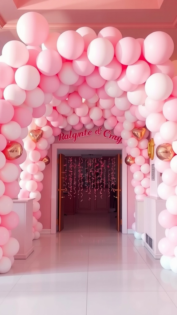 A lovely balloon arch entrance decorated in pink and white, with heart-shaped balloons, welcoming guests to a Galentine's party.