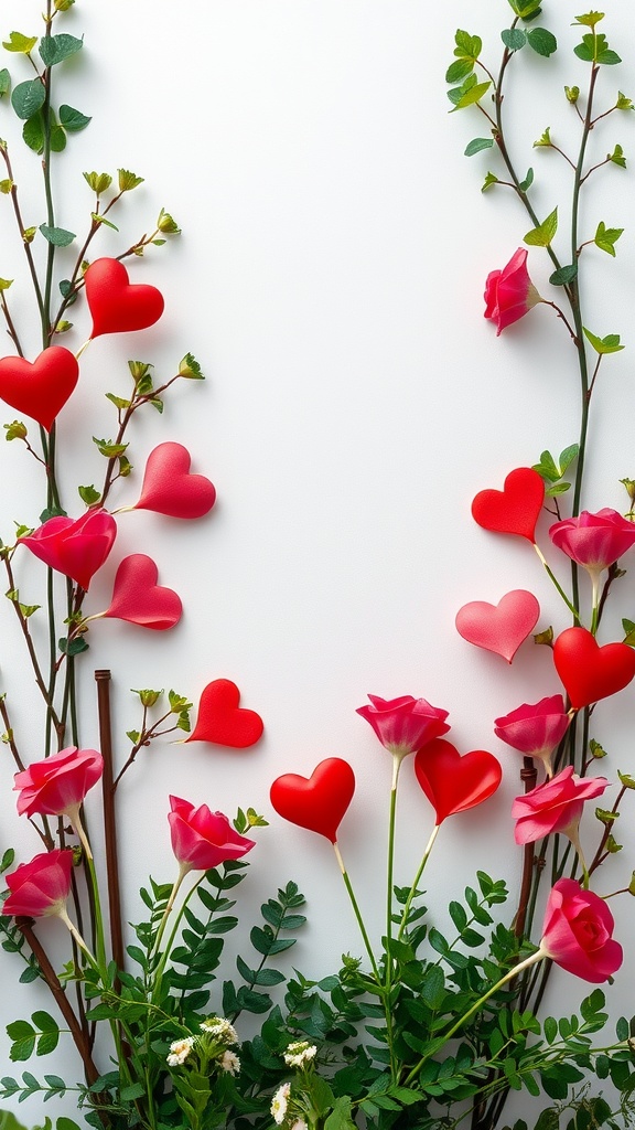 Valentine's Day decor featuring lush greenery with roses and heart accents