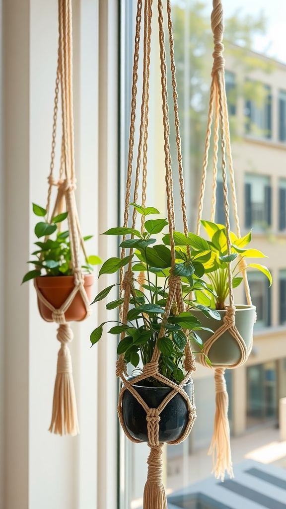 Three macrame plant hangers with green plants, hanging in front of a window