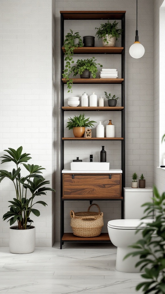 A modern small bathroom with a tall shelving unit displaying plants and decorative items.