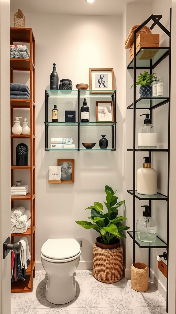 A small bathroom with stylish shelving units for towels and decor.