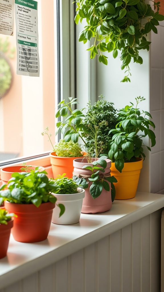 Colorful pots of herbs on a windowsill, showcasing a mini indoor herb garden.