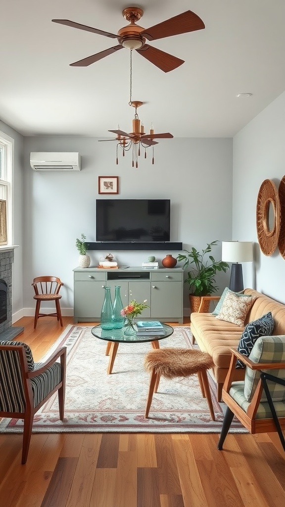 A cozy living room combining vintage and modern decor elements, featuring a contemporary sofa and rustic coffee table.